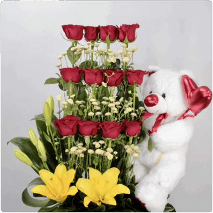 Arreglo de rosas, Lilis y peluche