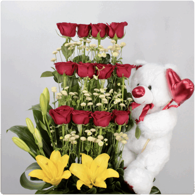 Arreglo de rosas, Lilis y peluche
