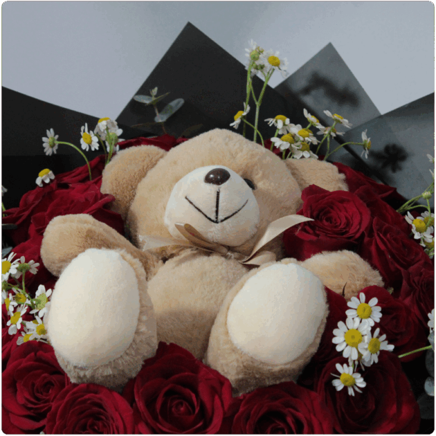 Bouquet de  rosas rojas Santa María follaje más un peluche - Image 2