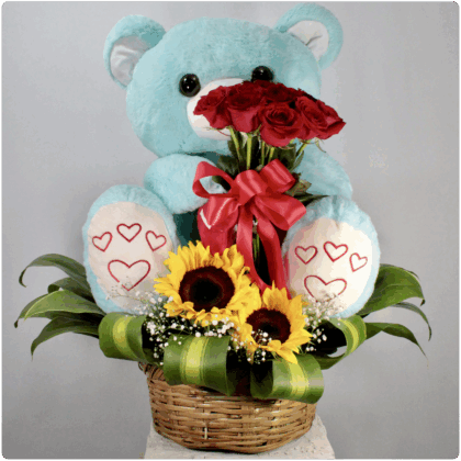 Bouquet de rosas girasol ma_s peluche grande con base de canasta