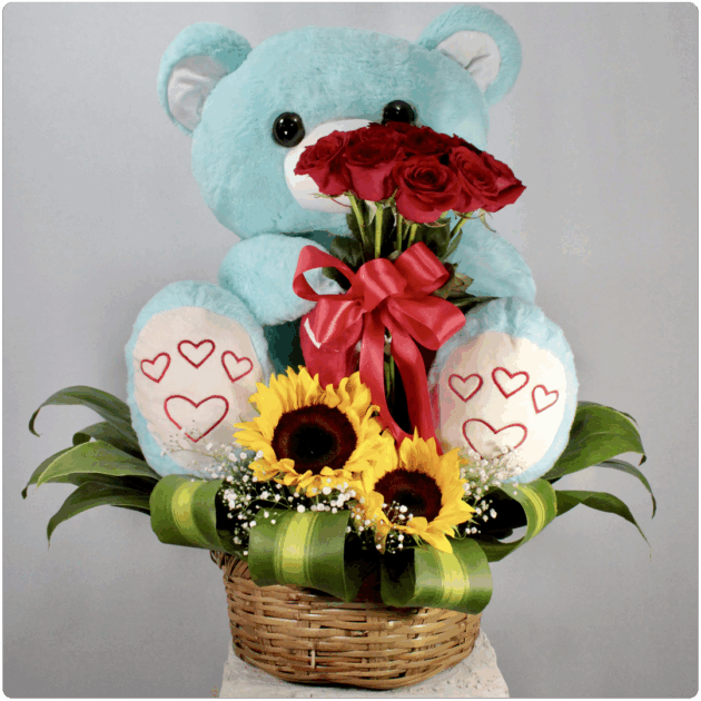 Bouquet de rosas girasol ma_s peluche grande con base de canasta