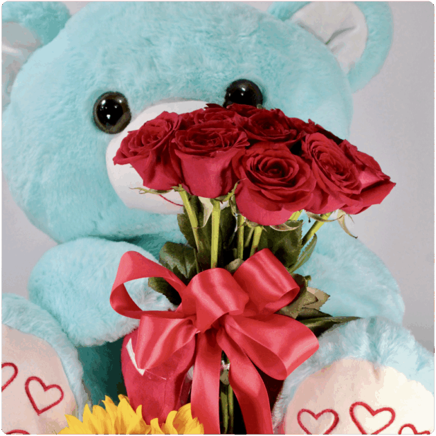 Bouquet de rosas girasol ma_s peluche grande con base de canasta - Image 2